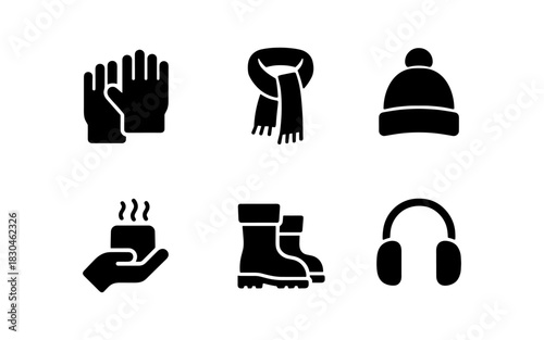 Winter essentials icons: gloves, scarf, hat, coffee, boots, earmuffs in silhouette style