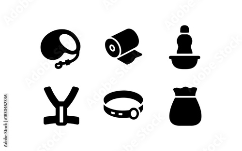 Essential dog accessories: leash, collar, harness, and poop bags in simple black silhouette
