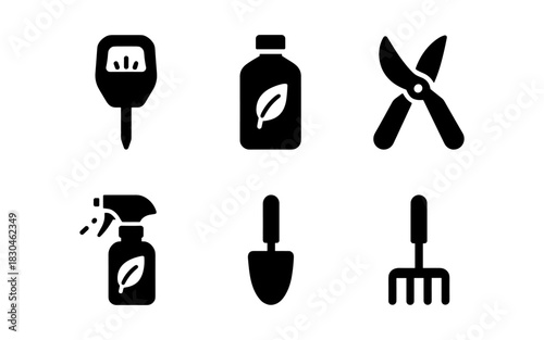 Gardening tool icons: minimalist black silhouette collection for garden enthusiasts
