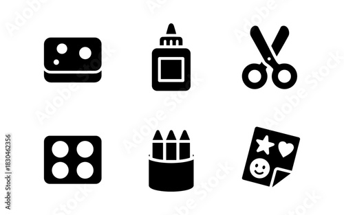 Silhouette icons of school supplies: scissors, glue, crayons, and more for creative projects