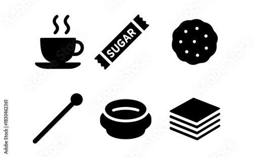 Coffee set with cup, sugar, cookie, and accessories in bold silhouette style
