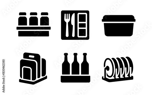 Kitchen storage icons: containers, utensils, and organization symbols in silhouette style