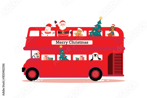 Christmas Cute Santa Claus and Snowman on London bus on white background