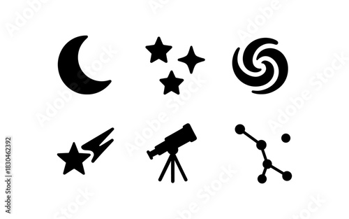 Celestial icons set: moon, stars, telescope, and constellations in silhouette
