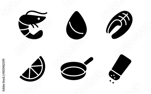 Culinary icons: simplistic shrimp, salmon, lemon, frying pan, salt, drop silhouettes
