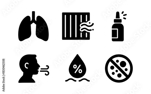 Air quality symbols: breathing, allergy, humidity, and pollution icons in bold silhouette style