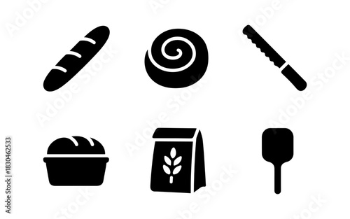 Silhouette icons of bakery tools and bread in black and white design