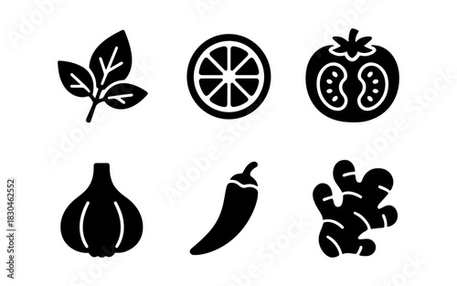 Silhouette icons of fresh ingredients: basil, lemon, tomato, garlic, chili, ginger