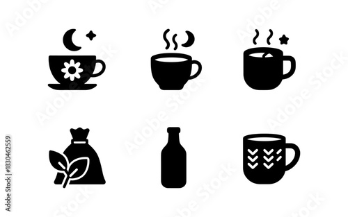 Flat black and white tea and coffee icon set with minimalist style