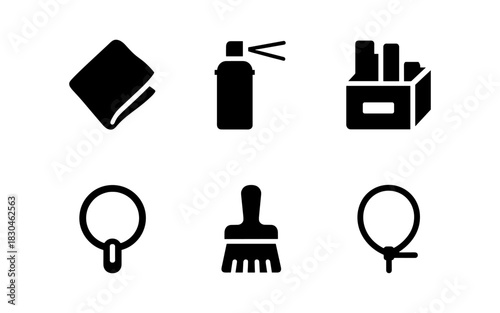 Essential cleaning tools icons: minimalist black silhouette set