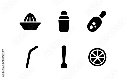 Cocktail icon set: minimalist silhouette designs for mixology tools and ingredients