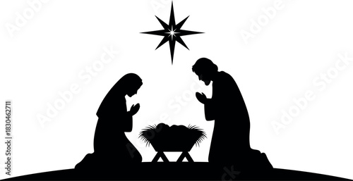 Nativity scene silhouette depicting holy family and guiding star