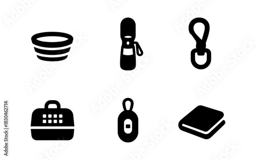 Monochrome pet accessories icons set: leash, carrier, bowl, poop bag dispenser