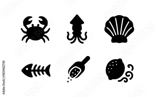 Seafood icons: minimalistic marine silhouette set with crab, squid, shell, fish, salt, and lemon