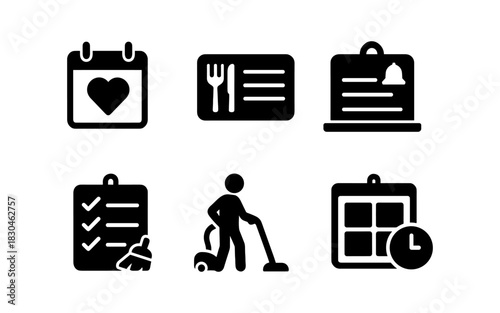 Icon set of household tasks and schedule activities in bold silhouette style