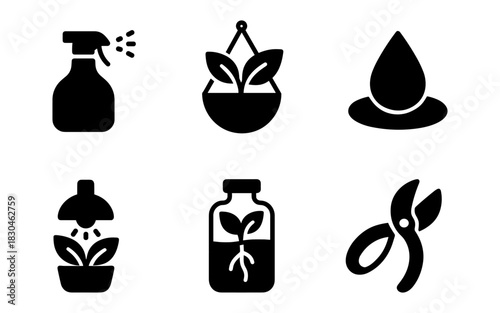 Gardening icons set: tools and plants silhouettes for eco-friendly design projects