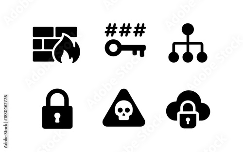 Cybersecurity icons set: firewall, encryption, network, lock, warning, cloud
