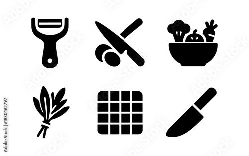Set of kitchen tool silhouettes with vegetables and herbs icons