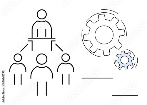 Hierarchical team structure with leader connected to team members. Large and small gears symbolize workflow. Ideal for leadership, teamwork, management, hierarchy, productivity, organization