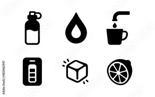 Essential icons: minimalist hydration, energy, and flavor symbols