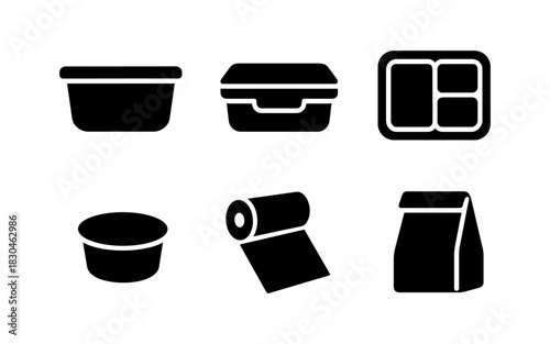 Icon set of food storage containers in silhouette style