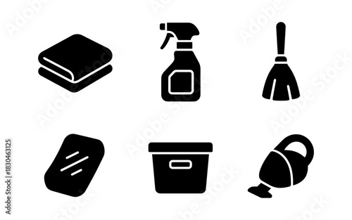 Essential household cleaning tools in black silhouette icons