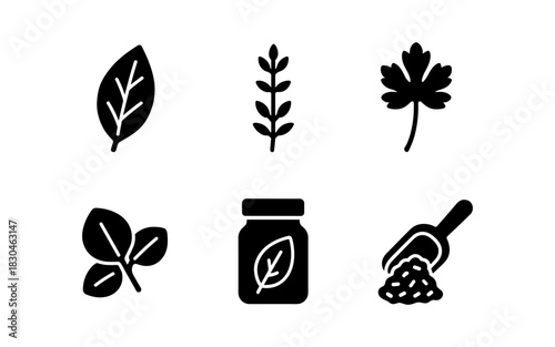 Herbal silhouette icons: leaves, jar, and scoop design set