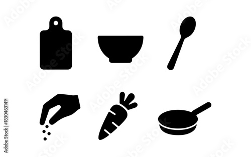 Kitchen utensil silhouettes: bowl, pan, spoon, cutting board, carrot, hand pouring