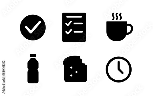 Essential daily items icons including check mark, checklist, coffee, water bottle, bread, and clock