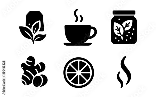 Black and white beverage and spice icons featuring tea and coffee elements