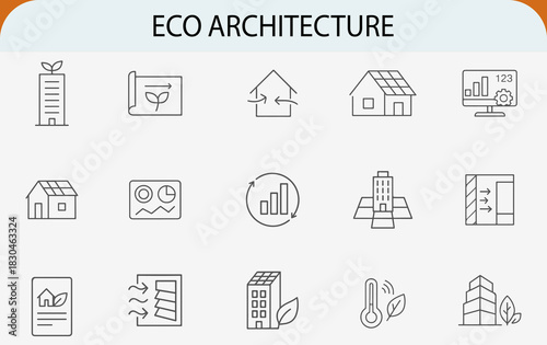 eco architecture icon set, green building design solar energy vector outline