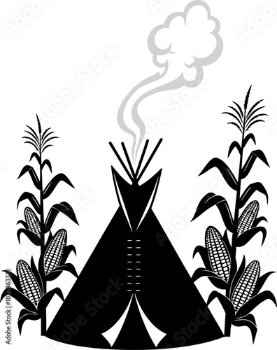 Traditional teepee with smoke and corn stalks vector illustration