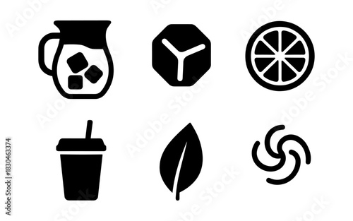 Minimalist beverage and nature icons set featuring silhouettes of drinks and leaves
