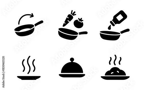 Set of black cooking icons featuring frying pan, steaming dish, and covered platter