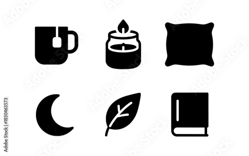 Cozy night essentials silhouette icons for relaxation and comfort