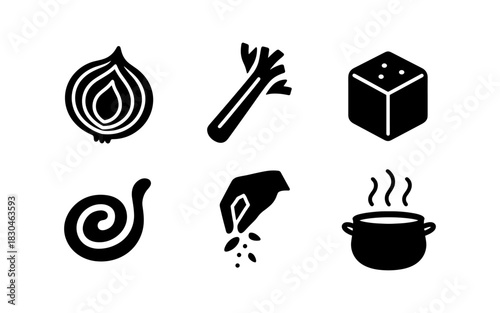 Cooking ingredients silhouettes: onion, celery, sugar, steam, hand, spiral