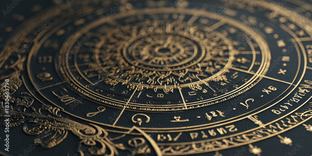 Obraz premium Zodiac wheel spinning on starry night sky, mystical astrology concept with horoscope and star signs, cosmic background, copy space