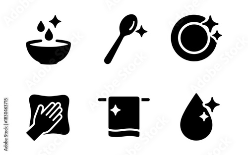 Silhouette icons of sparkling clean kitchen utensils and linens