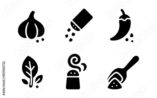 Food ingredient silhouettes: garlic, salt, chili, herb, pepper, spoon