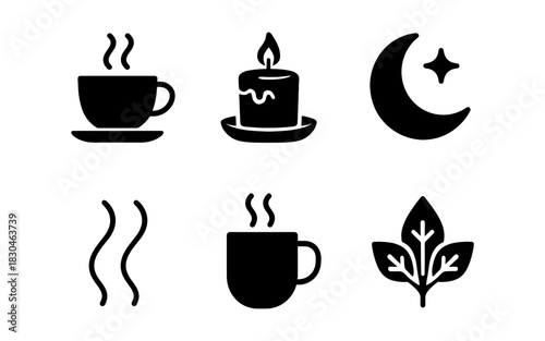 Minimalist coffee and tea icons set with candle and moon elements