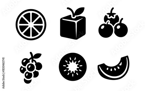 Simple black silhouette icons of fruits in minimalist style