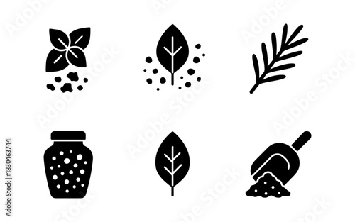 Herbs and spices silhouette collection: leaves, jar, scoop icons