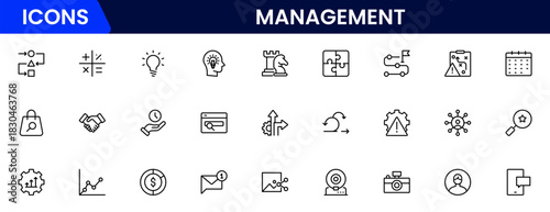 Management icon set. Contains such icons as schedule, human resource, management, development, planning, strategy, and more.