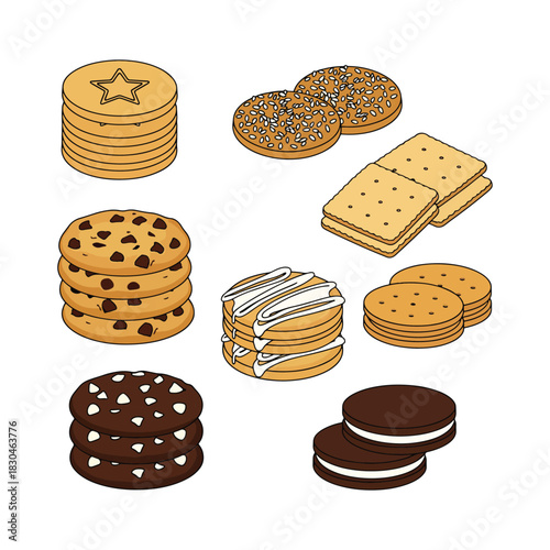 Set of delicious cookies and biscuits collection for sweet snack time vector illustration.