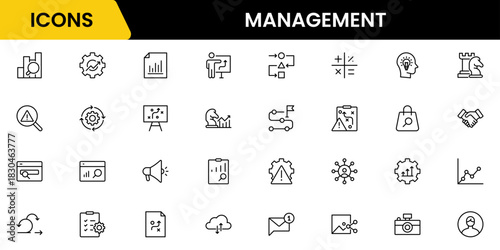 Management icon set. Contains such icons as schedule, human resource, management, development, planning, strategy, and more.