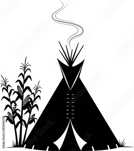 Native american teepee with corn plants and smoke silhouette