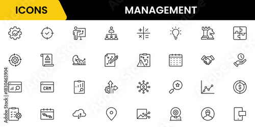 Management icon set. Contains such icons as schedule, human resource, management, development, planning, strategy, and more.