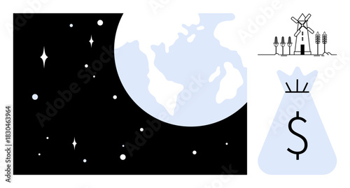 Earth and stars alongside wind turbines and a money bag with a dollar sign. Ideal for themes thumbs up sustainability, green finance, renewable energy, eco-investment, climate action, environmental