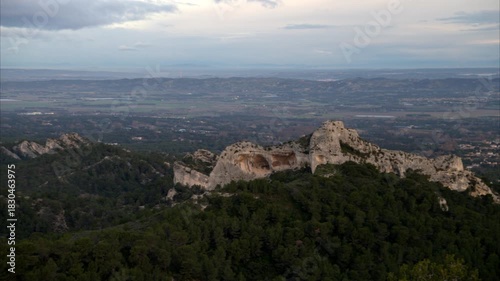 Massive rock formation in the Alpilles on a cloudy morning