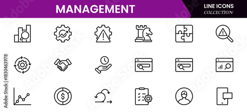 Management icon set. Contains such icons as schedule, human resource, management, development, planning, strategy, and more.
